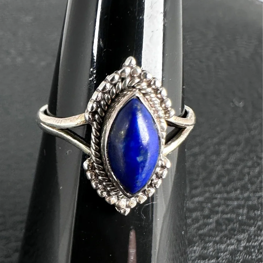 925 Sterling Lapis Lazuli‎ Marquise Cabochon Ring 6.5 Vintage Boho Southwestern